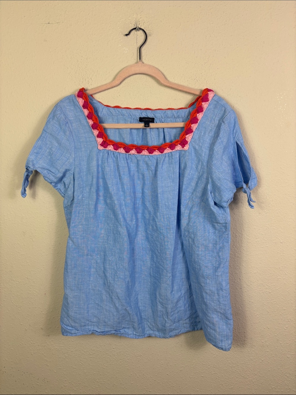 Talbots Linen Cotton Blend Blue Crochet Knit Colllar Tie Sleeve Top Sz Large - Picture 4 of 11